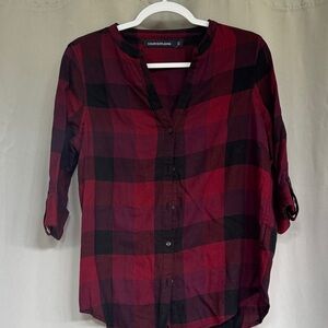 Calvin Klein Burgundy, Red and Black Checkered Blouse